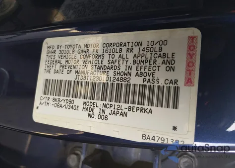 2001 Toyota Echo из США, поврежденный, VIN JTDBT123010124882